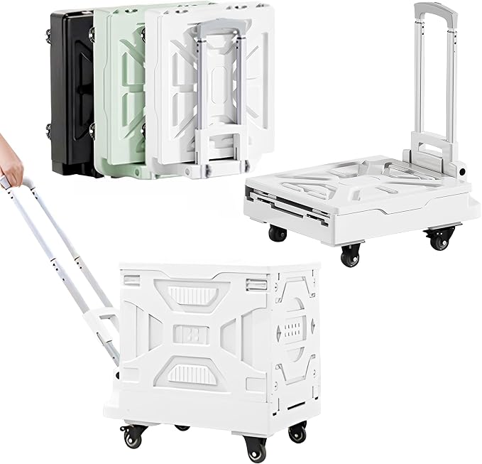 VECELO 16 GAL 2-in-1 Foldable Shopping Cart, Collapsible Utility Cart with Adjustable Handle & 360° Wheels, Dual-Mode Rolling Crate (Basket/Flatbed) for Groceries, Camping, Compact Storage, White