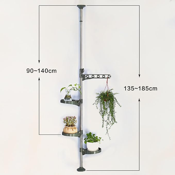 BAOYOUNI Plant Stand Tension Rod, 3 Trays+1 Arm Adjustable Grey | Window Sill Flower Display Rack, Vertical 4-Tier Corner Storage，Indoor Pole Hanger for Counter Top & Home Decor
