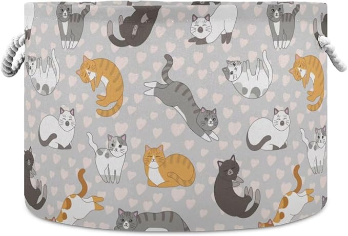 Cute Cat Print Collapsible Round Storage Basket with Handles | Pet Kitten Heart Large Laundry Baskets Hamper, Clothes Organizer Bin for Bedroom Living Room Decor, 20x 20x 14 Inches