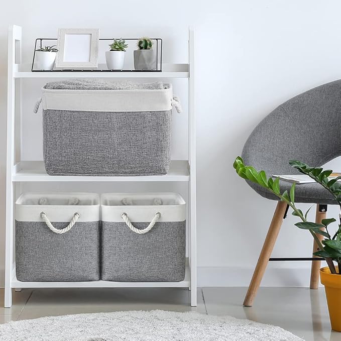 Organization and Storage Basket for Organizing - 3 Pack 16x12x12 inch Cube Storage Bin Fabric Storage Cubes for Organizer Cloth Gift Toy Closet (White & Grey)