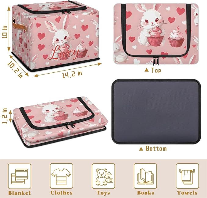 Custom Cute Rabbits Storage-Bin With Zipper Lid for Kids-Girls-Boys-Baby-Pet,Personalized Name Foldable Storage Box with Handle,Baby Basket With Label for Bedroom Nursery Toy Clothes,Pink