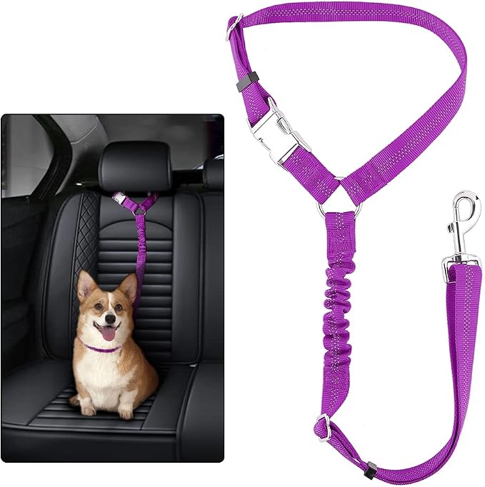 Plutus Pet Dog Seat Belt for Car Headrest, Reflective with Elastic Bungee | Adjustable Restraint for Safety, Vehicle Seatbelt Harness for Small Medium Large Dogs and Cats, Purple