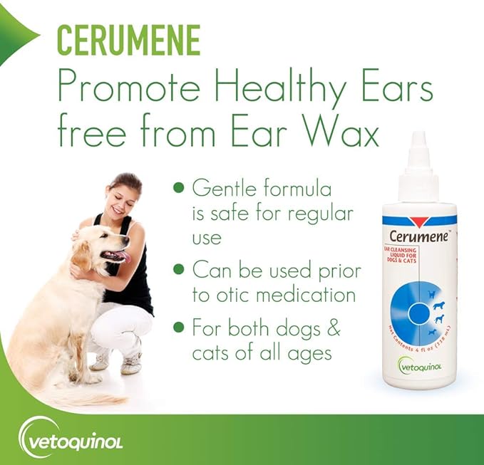 Vetoquinol Cerumene Ear Cleansing Liquid for Dogs and Cats, 4oz