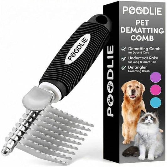 Poodle Dematting Fur Rake Comb Brush for Dogs and Cats - Long 2.5" Steel Safety Blades Metal Comb for Detangling Matted or Knotted Undercoat Hair