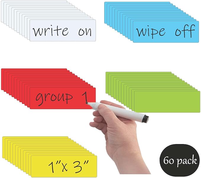 STTMGN Dry Erase Magnetic Labels (1x3,Pack of 60),Write On Magnets Sticker,Real Waterproof/Reusable for Classroom&Office&Cabinet&whiteboard&Fridge&More (Multicolor)
