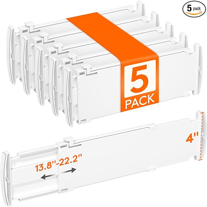 Lifewit 5 Pack 4" High Drawer Dividers, Adjustable Drawer Organizer Clothes | 13.8"-22.2" Expandable White Plastic Separators for Dresser, Kitchen, Cabinet, Nursery, Office, Socks & Underwear Storage