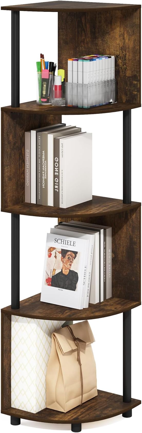 Furinno ECON Corner Shelf, 4-Tier Corner Book Shelf, Zigzag Storage Shelves, Display Rack, Bookshelf, for Organization and Storage, Living Room, Home Office, Amber Pine