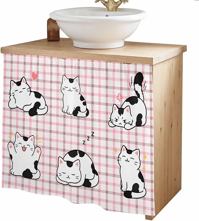Cute Cat Cabinet Curtain 35"Wx35"L, Dustproof Under Sink Skirt with Self Adhesive Tape, Modern Playful Pet Cats Pink Brown Plaid Cabinet Curtain Cover for Kitchen Sink, Bathroom Vanity, Laundry Room