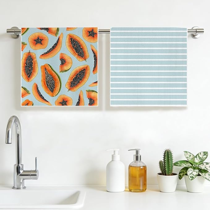 Papaya and Blue Stripes Kitchen Towels, Quick Dry Multipurpose Waffle Weave Hand Towels for Bathroom, Absorbent Reusable Cloth Tea Dish Towels for Home Decor, Papaya Lover Gift Towel Set of 2