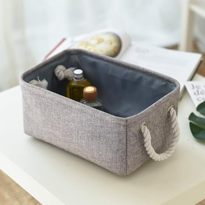 Foldable Small Storage Baskets with Strong Cotton Rope Handles [6-Pack] Gray Collapsible Storage Bins Set Works Room Storage, Nursery Baskets