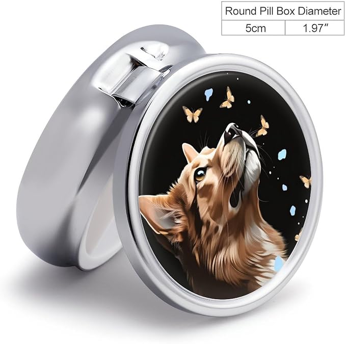 Dog and Butterfly Metal Pill Organizer with Mirror, 3-Compartment Travel Pill Box, 2-Inch Round Pocket Medicine Case with Secure Latch, Portable Vitamin Holder for Women & Men