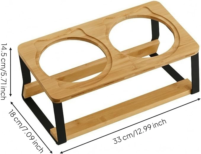 Cat Bowl Stand Elevated Feeder Raised Holder Double Dish Organizer Bamboo Wood and Iron Tilted Frame with Space Saving Design Suitable for Cats and