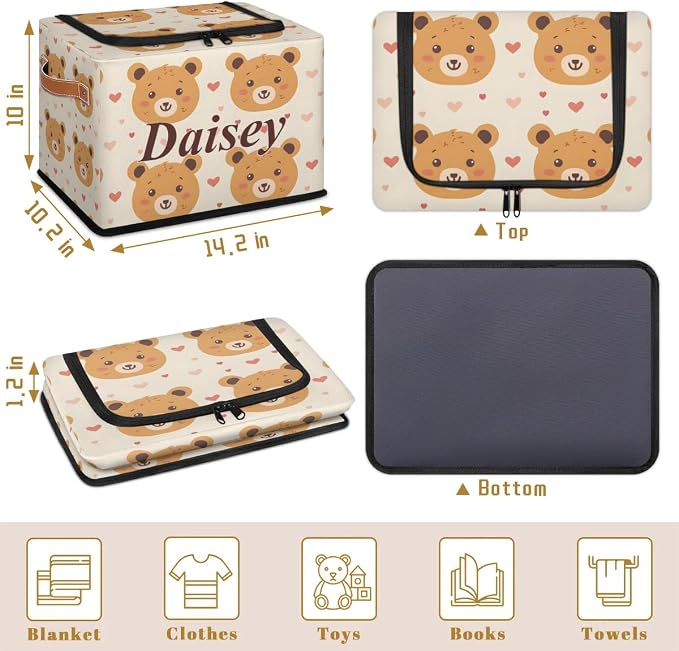 Custom Cute Bear Storage-Bin With Zipper Lid for Kids-Girls-Boys-Baby-Pet,Personalized Name Foldable Storage Box with Handle,Baby Basket With Label for Bedroom Nursery Toy Clothes,Beige