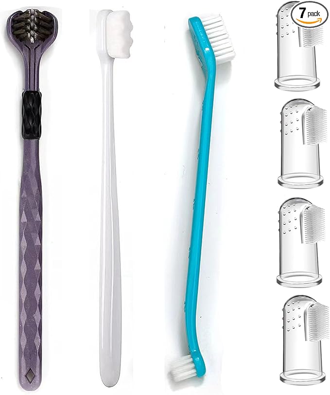 Dog Toothbrush Kit, 360° Silicone Finger Toothbrush for Plaque and Tartar Cleaning, Dual Head &Three Sided Dog Toothbrush for Small &Medium & Large Pets, Easy Teeth Cleaning and Dental Care (7 Pack)