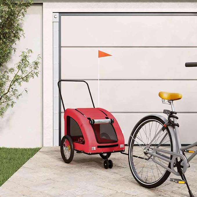 Pet Bike Trailer for Small Dogs, Foldable Bicycle Cargo Carrier with Steel Frame, Red and Black, Oxford Fabric, Load Capacity 66.1 lb