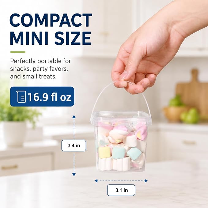 METAPACK 16.9 fl oz/500ml Square Food Storage Container with Lid and Handle | Stackable Containers for Candy, Desserts, Party Favors, Kids Snacks, Kitchen Organization and Portable Food Storage