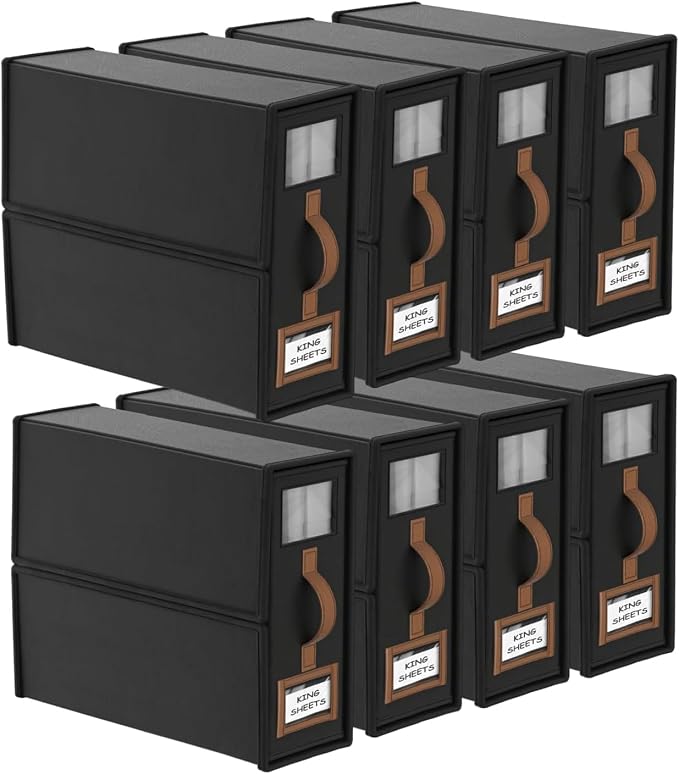 8 Pack Bed Sheets Organizers And Storage,Sheets Set Folder Keeper with Handle,Foldable Bedding Storage Box For Linen Closet,Duvet Cover(King Size-3.7 Gal,Black)