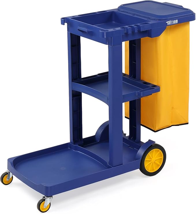 TUFFIOM Commercial Traditional Cleaning 3-Shelf Janitorial Cart, 500 Lbs Capacity Housekeeping Cart, Wheeled with Yellow VinylBag and Cover w Lid, Blue,