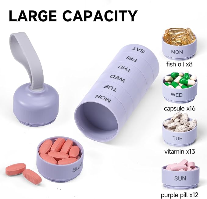 Betife Travel Pill Organizer, 7 Day Stackable Weekly Pill Case - Purple | Daily Pill Container with 7 Large Stackable Compartments, Sturdy ABS Snap-lock, No Metal-on-Metal Friction, Portable Pill Box