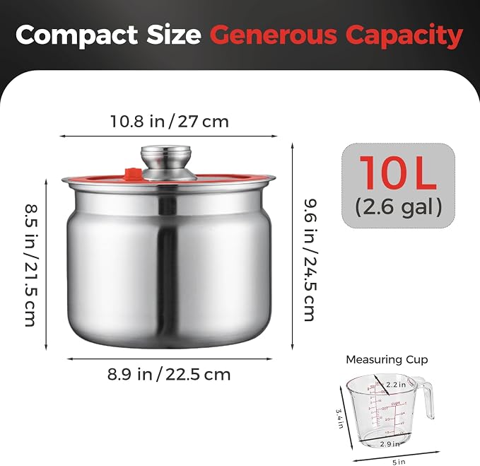 Umimile 304 Stainless Steel Airtight Food Storage Container – 10L (2.6Gal) Metal Canister with Clear Lid, 0.8mm Thick, Silicone Plug Release & Removable Gasket – for Rice, Flour, Pet Food