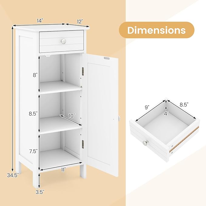 GLACER Floor Storage Cabinet, Bathroom Storage Cabinet (White) | 2 Adjustable Shelves | Ideal for Bathroom, Living Room | 14 x 12 x 34.5 inches