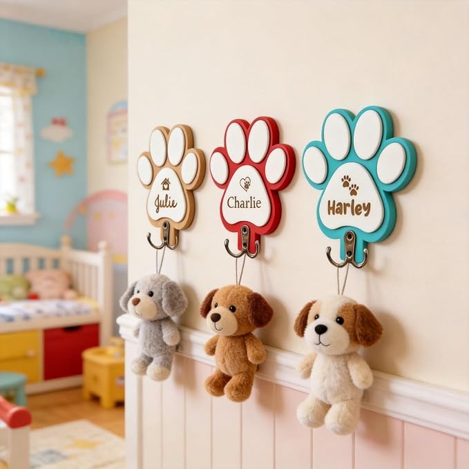 Personalized Dog Leash Hanger, Custom Engraved Name Wood Paw Print Leash Hook, Decorative Entryway Key Rack Harness Collar Organizer Pet Supplies Gift