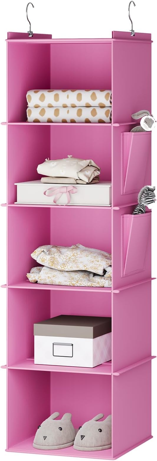 YOUDENOVA Hanging Closet Organizer and Storage, 5-Shelf, Light Pink | Locker/RV/Camper Organizer, 2 Side Pockets, Hanging Shelves for Small Closet, Dorm Room Essentials for Guys, Non-woven Fabric