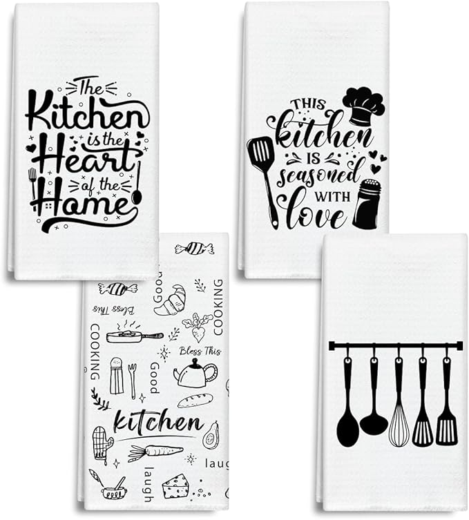 Funny Kitchen Towels and Dishcloths Set of 4, Black and White Decorative Hand Towel Drying Cloth for Bathroom Cooking Baking, Housewarming Gift for Hostess, Women, 16x24 Inches -04