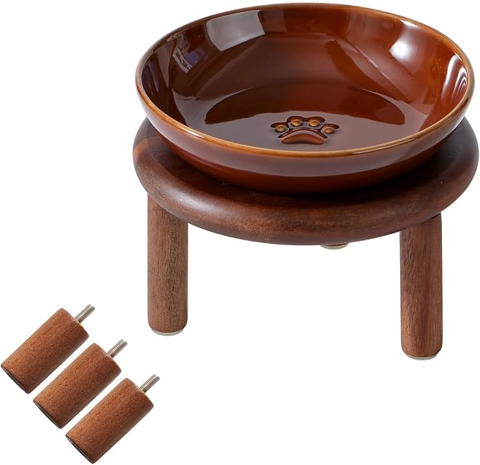 Havniva Elevated Cat Bowls, Ceramic Cat Bowl with Wood Stand, Wide Opening | 5.7” Raised Cat Food Bowls, Whisker Friendly Cat Dish, Anti-Slip Cat Water Bowls, Shallow Cat Bowls, Cat Food & Water Bowl