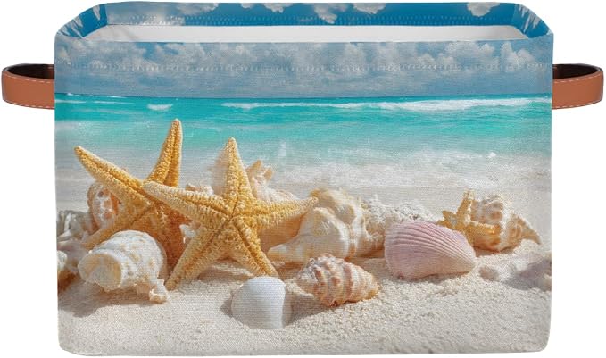 Pardick Storage Baskets Bin, Beach Ocean Starfish Seashells Collapsible Canvas Fabric Storage Bin Decorative Baskets Toy Organizer Rectangle Storage Boxes with handles for Home Shelves Nursery,Q-8