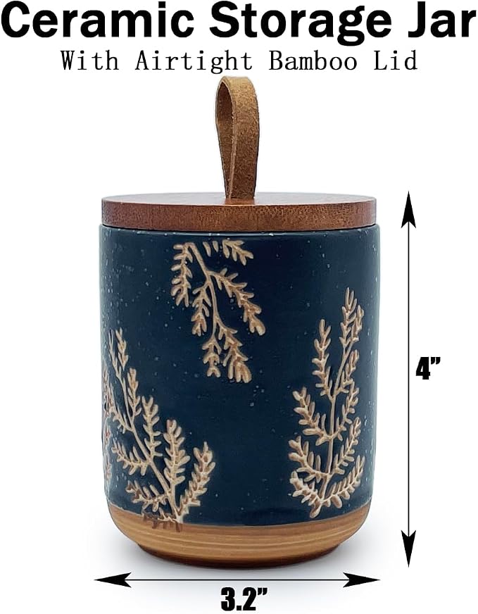 10oz Ceramic Airtight Food Storage Container with Wooden Spoon for Sugar,Matcha,Salt,Coffee,Spices,Cat Treat,Loose Leaf Tea(Black Botanical Fern Pattern)