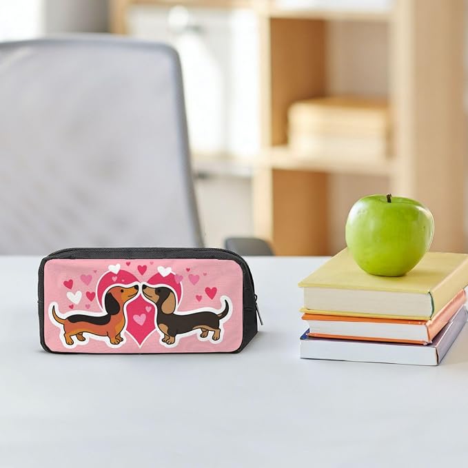 Cute Dachshund Couple Large Pencil Case, Durable Pen Bag Zipper Organizer Pouch for Office Travel for Women Men