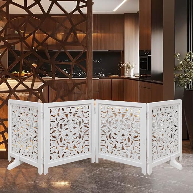 Lightnpro 4-Panel Wooden Dog Gate with Stopper – 72 Inch Extra-Wide Foldable Freestanding Pet Barrier, Antique White Indoor Safety Fence for Small Dogs & Puppies – 24x18 Inch Panels