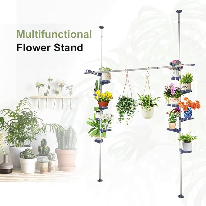 Plant Stand Floor to Ceiling-12 Trays Flower Pot Holder Tension Rod | Indoor Telescopic Navy Blue Display Rack with 2 Hooks & Drying Rod | Adjustable Storage Organizer for Home Garden Decor