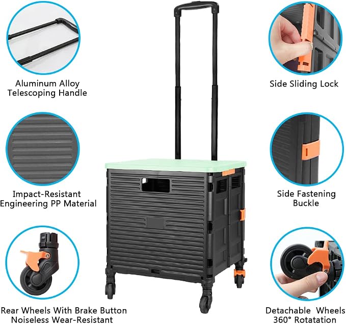 Quick Utility Cart Folding Portable Rolling Crate Handcart with Lid with Durable Heavy Duty Plastic Telescoping Handle Collapsible 4 Rotate Wheels for Travel Shopping Moving Luggage Office Use-Green