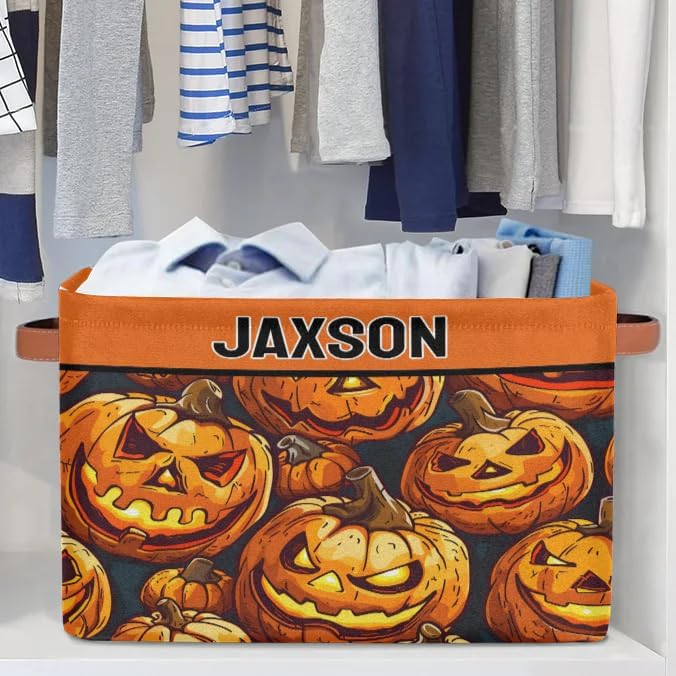 Custom Storage Baskets for Kids Name, Large Foldable Organizer Collapsible Storage Bin with Leather Handle for Home Toys Closet Nursery, Painted Happy Halloween Pumpkin