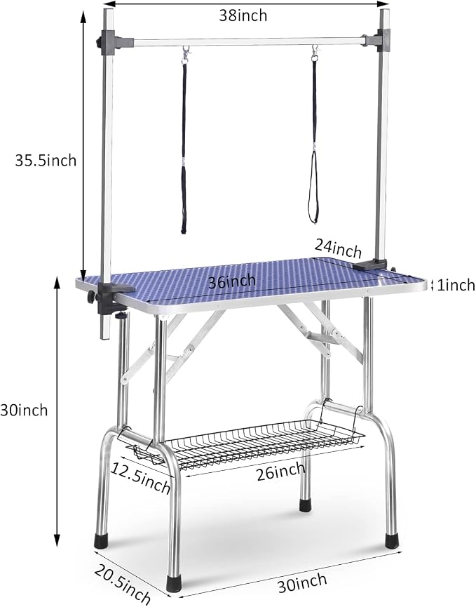 SoarFlash Pet Dog Grooming Table Foldable,Heavy Duty Foldable Pet Grooming Table with Arm & Noose & Mesh Tray, Maximum Capacity Up to 330lbs, 36inch, Blue
