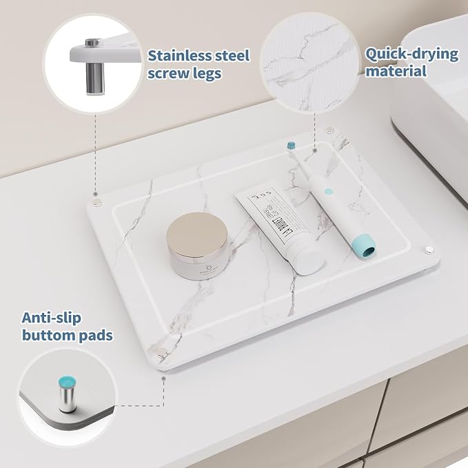 Dish Drying Stone, Water Absorbing Stone Dish Drying Mats for Kitchen Counter, Non-Slip Stone Drying Sink Tray Pad for Dish Bottles Cups, Diatomaceous Earth Sink Caddy Organizer, White Marble