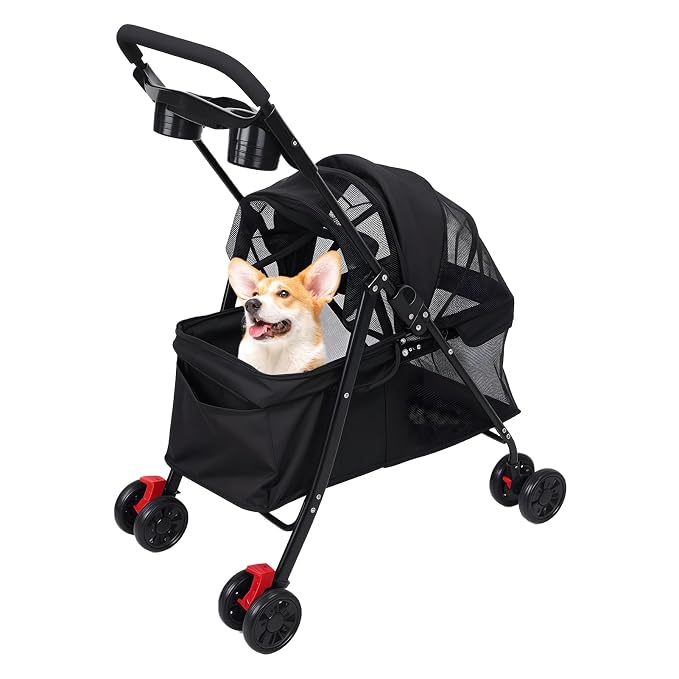 4‑Wheel Foldable Pet Stroller, Travel Strolling Cart for Small & Medium Dog | Breathable Visible Mesh Window, Cup Holder & Storage Basket, Rear Wheel Dual Brake, Portable Folding Design Black