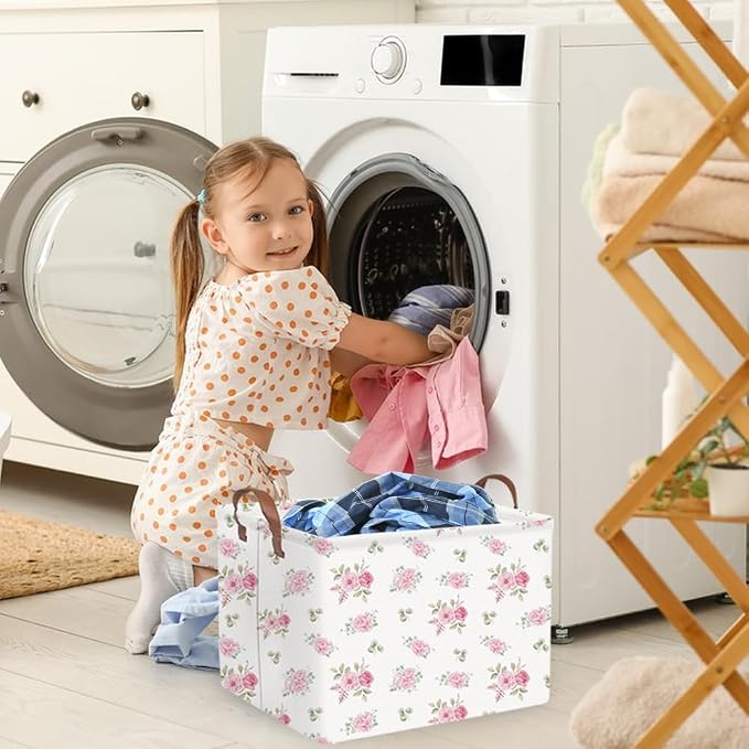 Rectangular Rose Pink Flower Basket for Girls,Waterproof collapsible laundry basket for girls,Kids Storage Baskets,Books Box,Gift Baskets,Baby Room Decor(Pink Flowers)