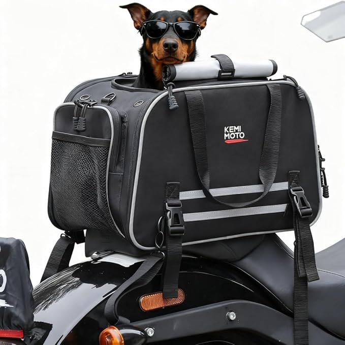 KEMIMOTO Motorcycle Dog Carrier Expandable for Small Dog & Cats Under 17lbs | Fit for Motorcycle Luggage Rack or Passenger Seat, Airline Approved Pet Carrier with Shoulder Strap, Folding & Portable