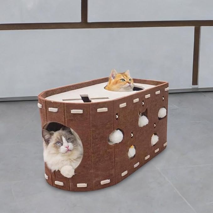 Cat House Scratch Condo Pet Toys Meal Claws Scratches with an Interactive Hole Felting Bed for Several Cats, Brown