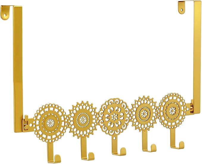 AceOrbit Gold Bohemian Over The Door Hooks Hanger 5 Hooks Rustic Decor | for Bedroom Bathroom, Organizes Towels Hats Clothes, Farmhouse Decor, Over the Door for Kids