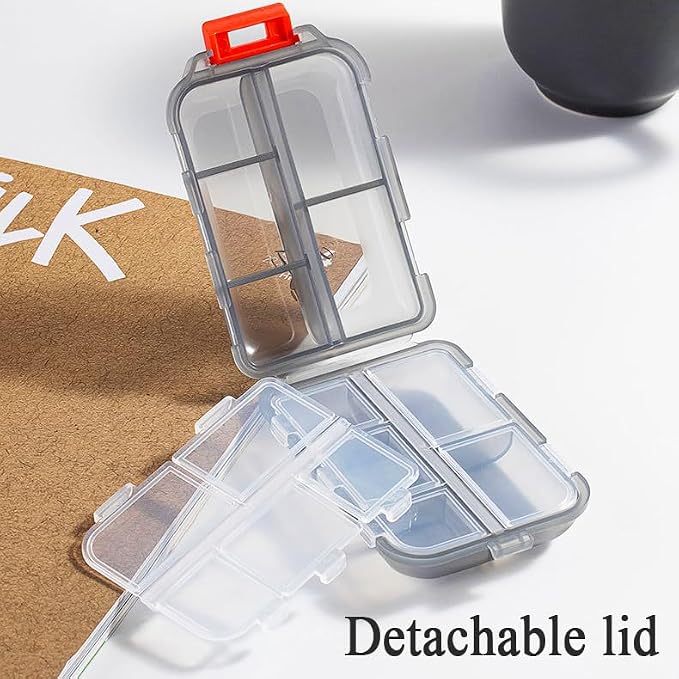 Weekly Travel Pill Organizer Box, 10 Compartments Small Fold Case | Medicine Holder, Daily AM PM Morning Night Pocket Travel Capsule Dispenser for Vitamin, Fish Oil, Supplement, Tablet, Grey