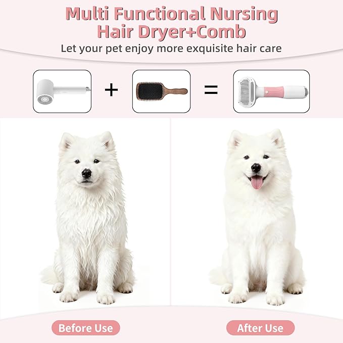 Dog Grooming Dryer with Slicker Brush, 3 in 1 Professional Portable Pet Dryer for Dogs Cats Adjustable Temperature Speed Settings, Pet Blow Brush for Home Travel Use (Pink)