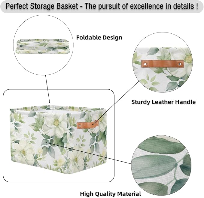 Storage Baskets for Shelves, White Flower Green Leaves Fabric Storage Cubes Closet Organizers and Storage Bins with Handles Home Organization, 15x11x9.5 inch