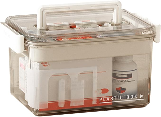 Clear Medicine Organizer Storage Box with Handle, Clear Plastic Medicine Storage Organizer and First Aid Box, Multipurpose Medication Organizer Storage for Home, Office and Travel