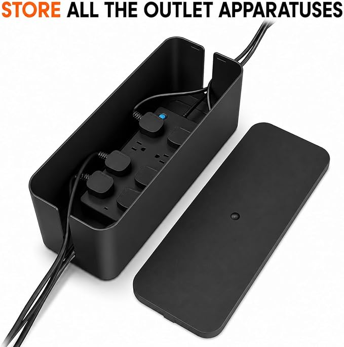 [Set of 3] 3 Cable Management Boxes + 3 Wire Ties, Large Cord Box Organizers to Hold and Hide Power Strip Charger Adapter Power Cord Charging Station USB HUB (Black)