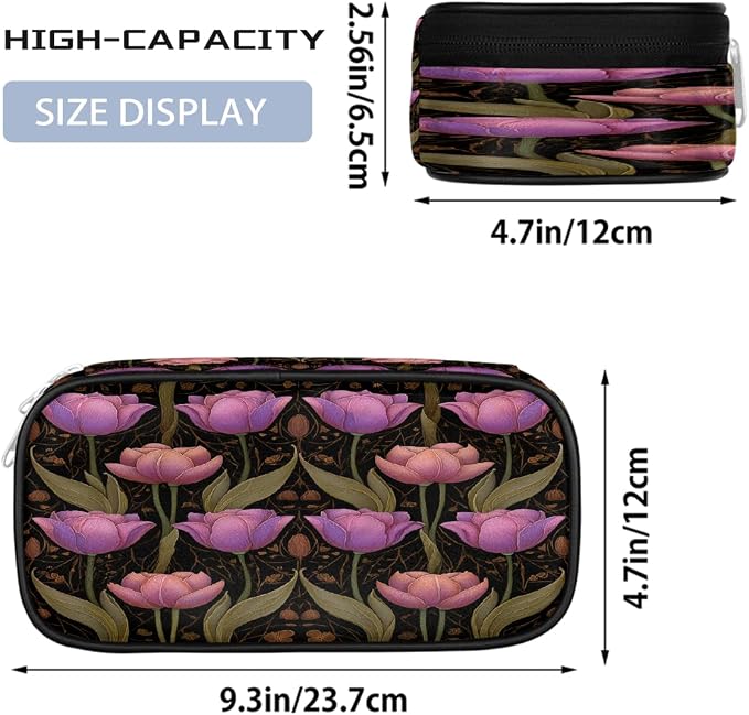 Pencil Case Large Capacity Pencil Bag Vintage Pink Purple Tulips Pouch Box Organizer Pen Case, School Supplies for Teen Adult