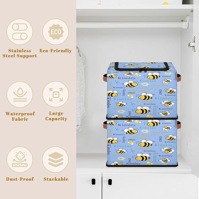 Personalized Name Storage Basket with Zipper Lid, Light Sky Blue Canvas Storage Bins Toys Clothes Organizer for Bedroom, Bathroom, Shelves, Closets, Bee with Daisy Floral